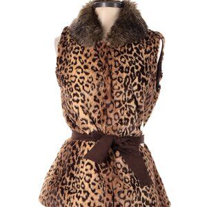 DESIGNER REBA FAUX FUR ANIMAL PRINT TAN /BROWN TIE WAIST SLEEVELESS VEST LARGE